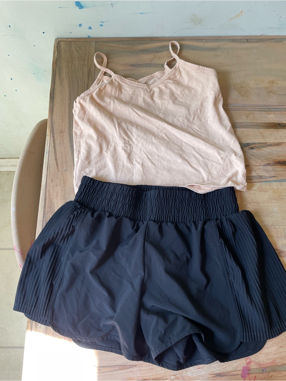 Women’s Black Athletic Shorts - Comfort Stretch + tan tank
